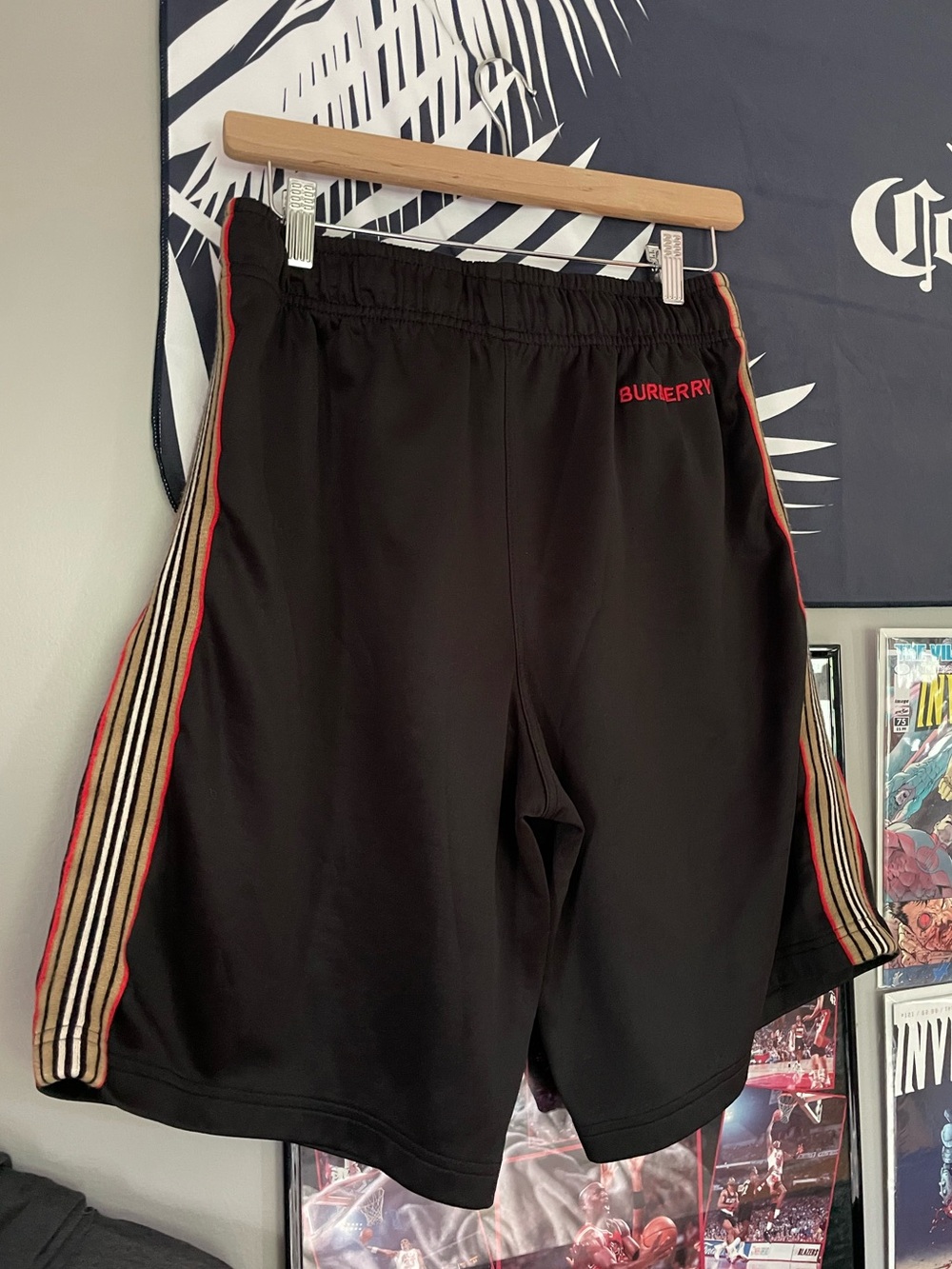 Burberry Black Athletic Shorts with Red Trim and Multicolor Side Stripes